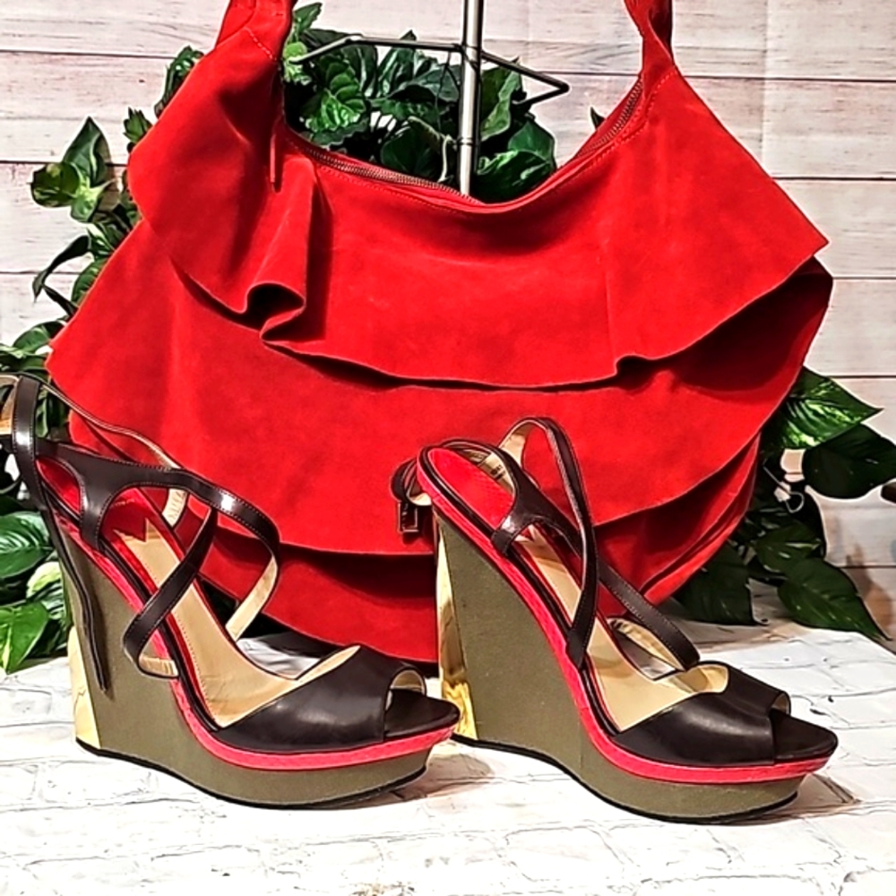 Brian Atwood Red and Brown Wedges with Elegant Design